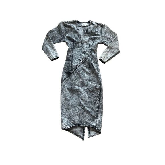 Vintage 80s Paris blues black denim’s button down bodycon midi dress - Picture 1 of 7